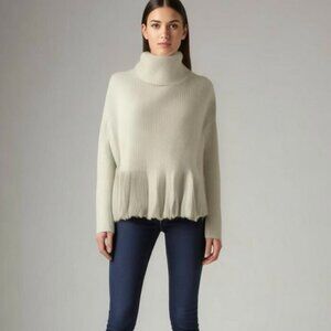 Ophelia Roe Cream Long Sleeve Ruffled Hem Turtleneck Oversized Knit Sweater Sm